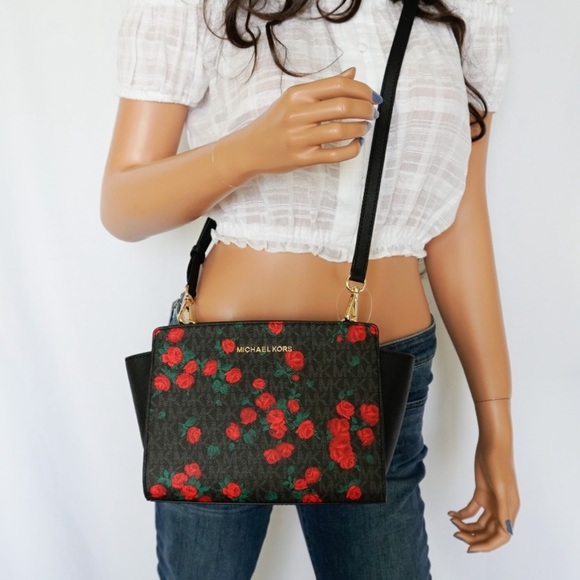 MICHAEL KORS MEDIUM SELMA 🌹 ROSE PRINT BLACK LOGO MESSENGER CROSSBODY BAG NWT - Picture 3 of 13
